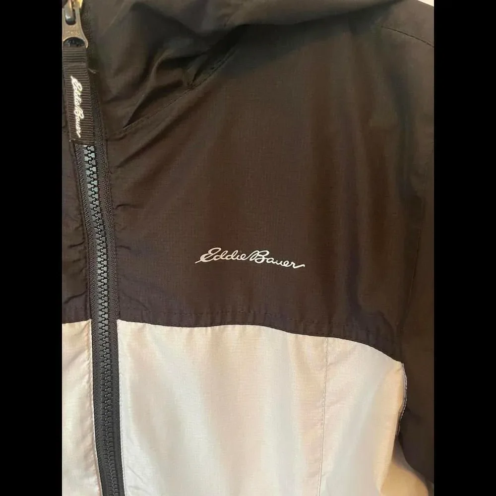 Eddie Bauer Windbreaker Jacket Full Zip Hooded Black Gray Kids Size Small (7/8)